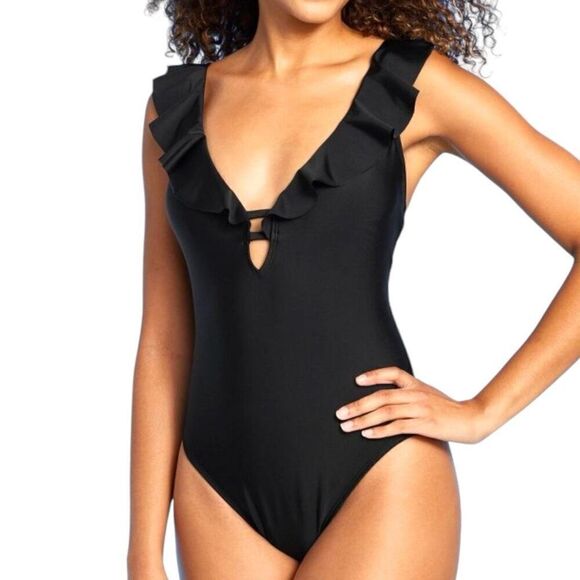 NEW Shade & Shore Ruffle Plunge Black One Piece Swimsuit XS - Picture 1 of 9